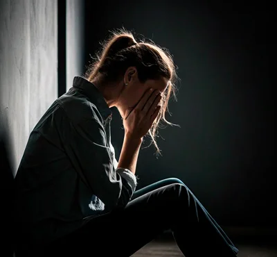 Девушка сидит на полу закрыв лицо руками